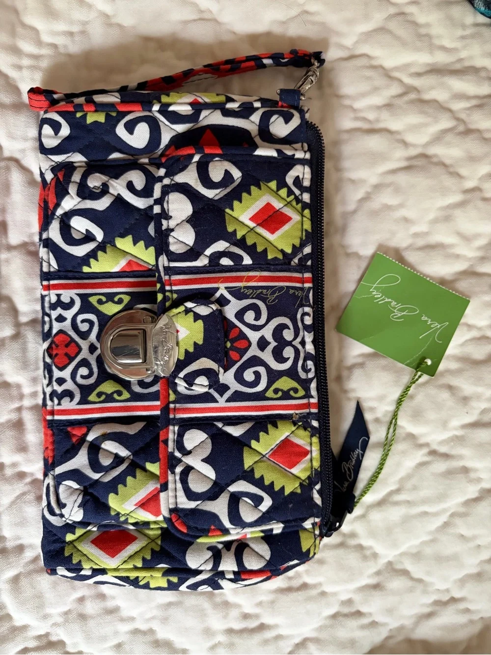 Vera Bradley Navy Quilted Wristlet with Red & Green Accents